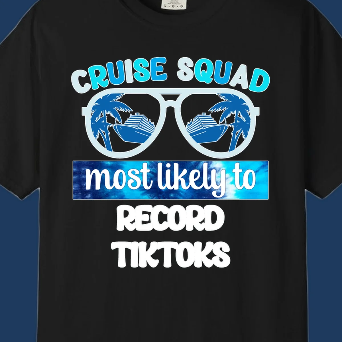 Cruise squad most likely to record tiktoks design with sunglasses reflecting cruise ships and palm trees