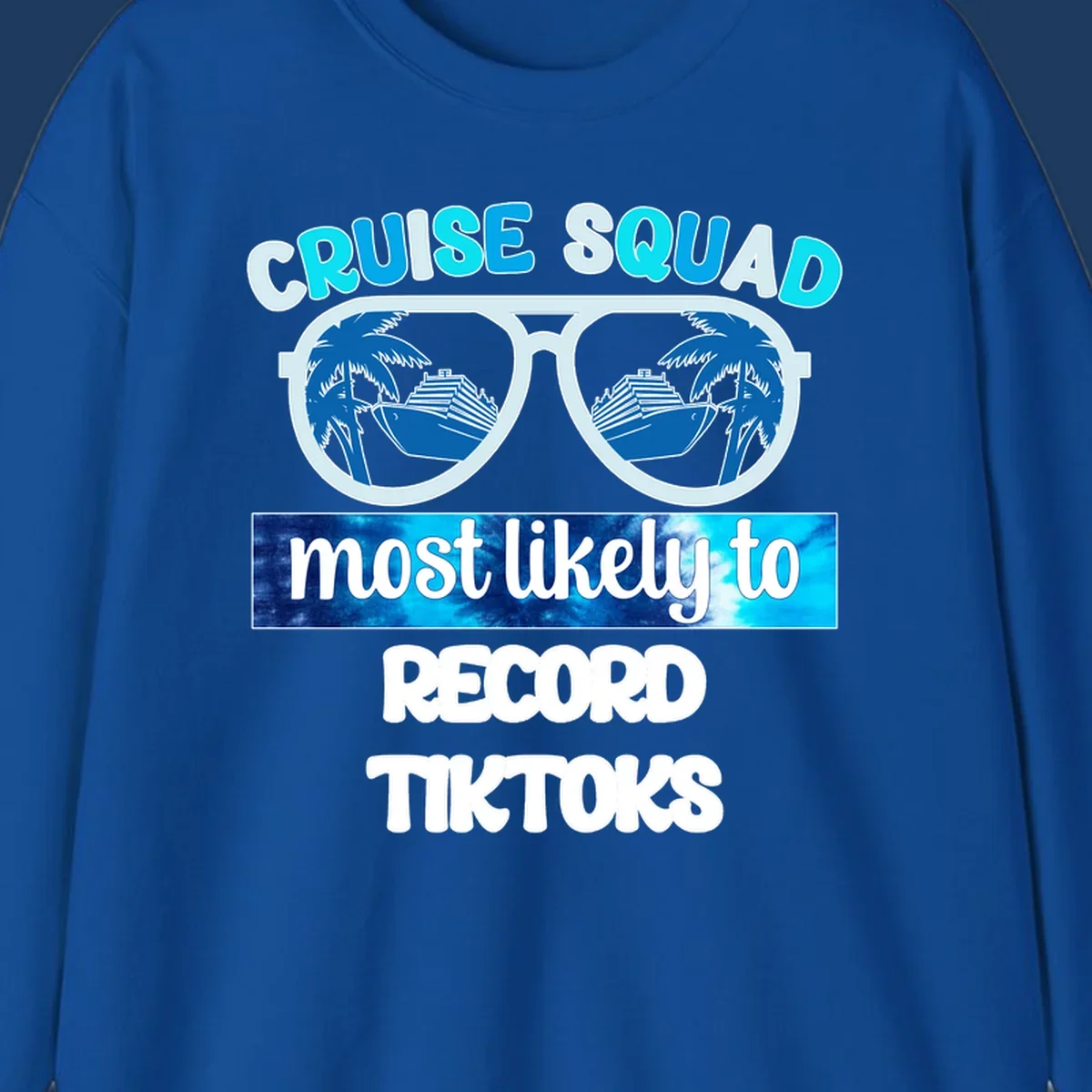 Cruise squad most likely to record tiktoks design with sunglasses reflecting cruise ships and palm trees