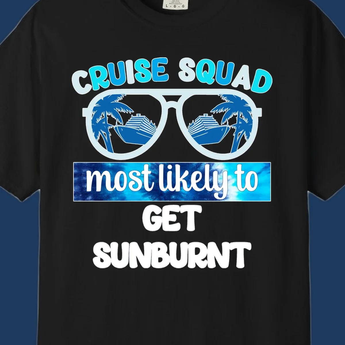 Cruise squad sunburnt design with sunglasses showing palm trees and cruise ship reflections