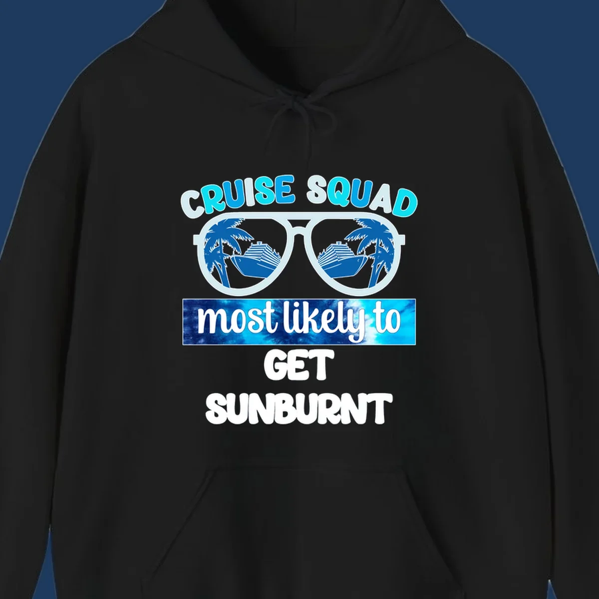 Cruise squad sunburnt design with sunglasses showing palm trees and cruise ship reflections
