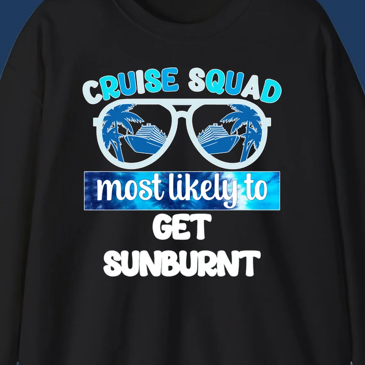 Cruise squad sunburnt design with sunglasses showing palm trees and cruise ship reflections
