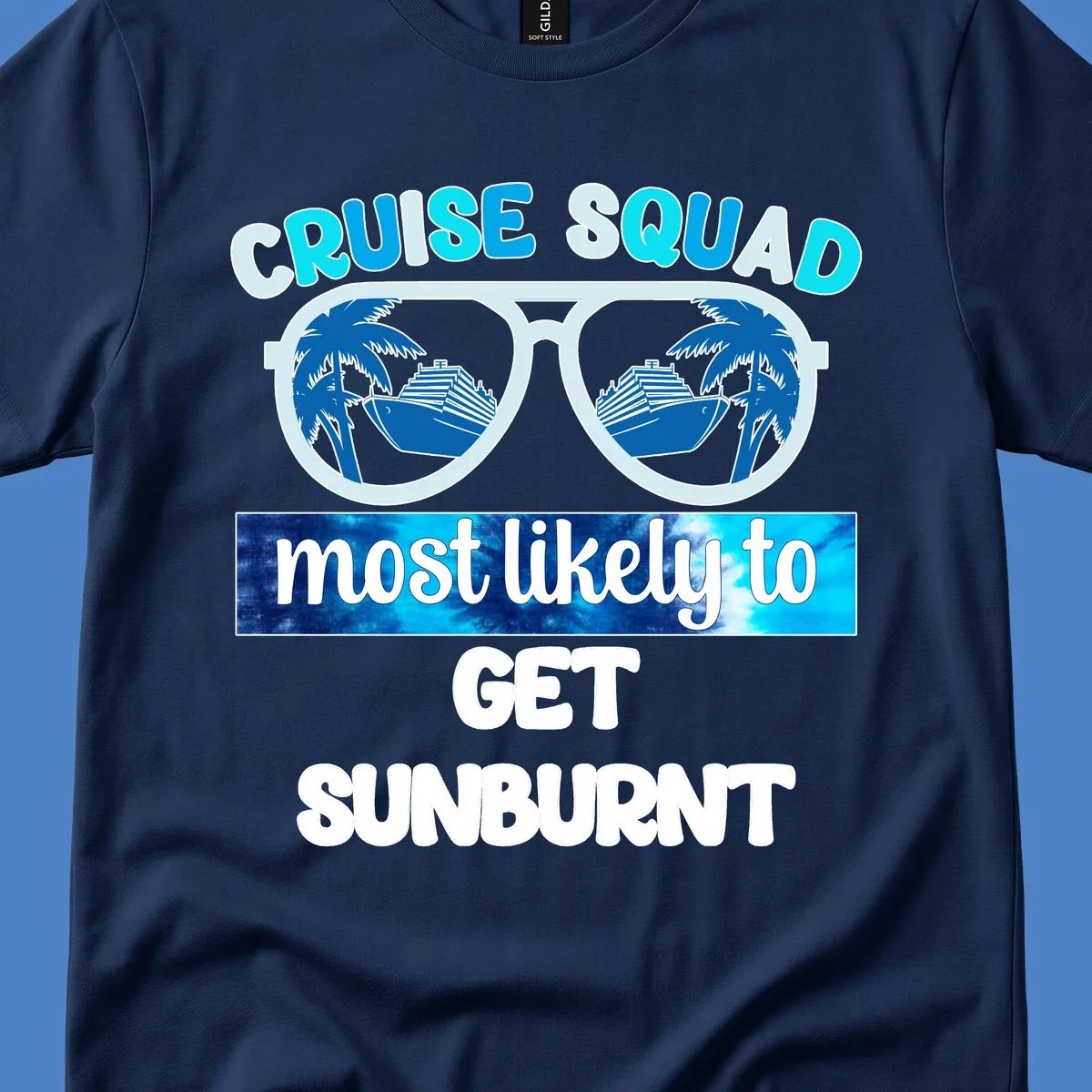 Cruise squad sunburnt design with sunglasses showing palm trees and cruise ship reflections