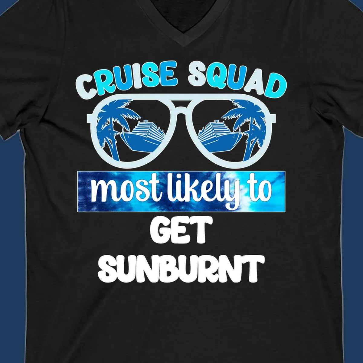 Cruise squad sunburnt design with sunglasses showing palm trees and cruise ship reflections