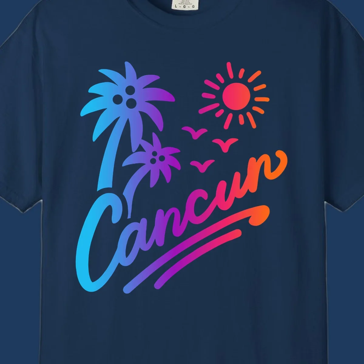 Tropical cruise paradise illustration with gradient palm tree, bright sun, flying birds, and flowing wavy lines in vibrant pink, blue, purple, and orange colors