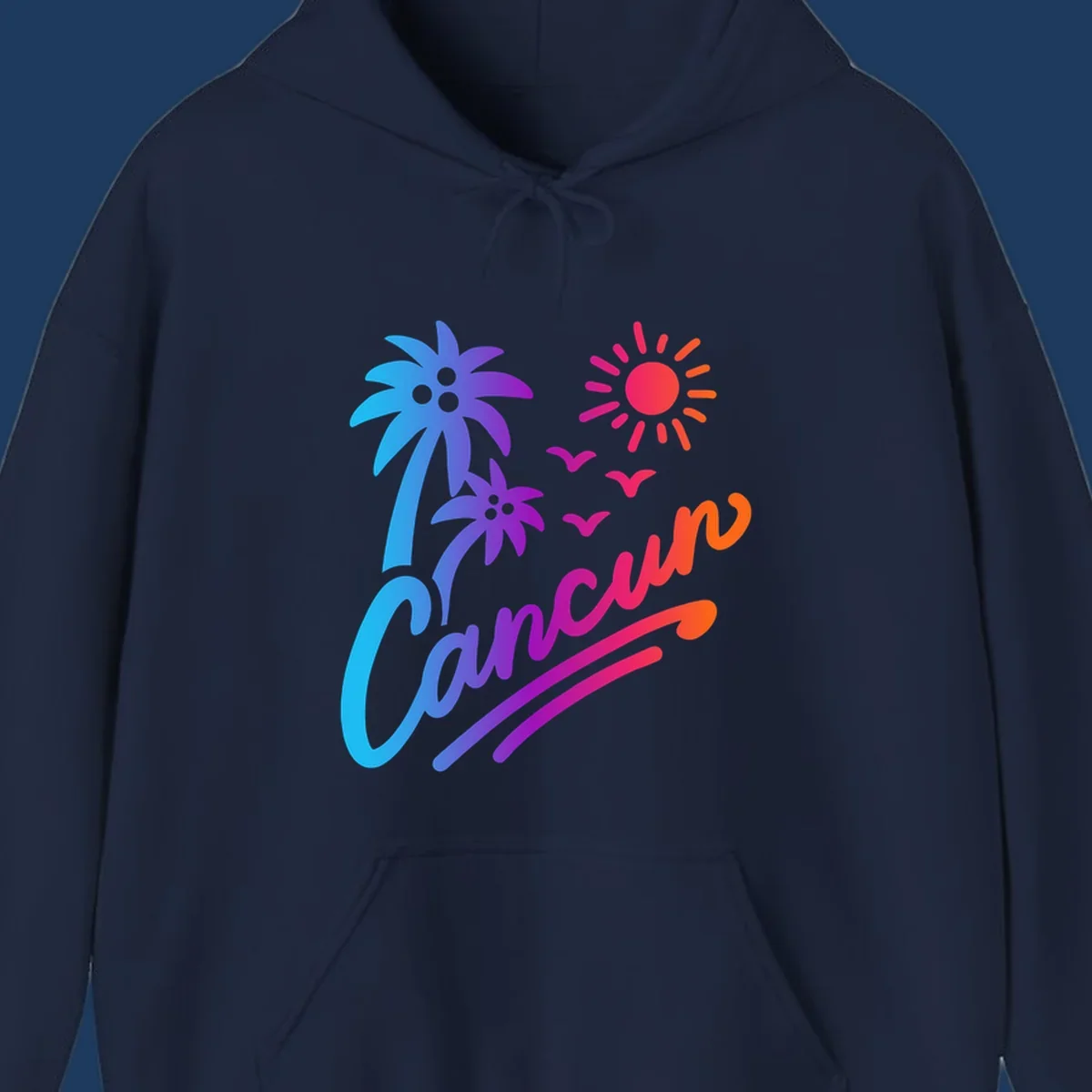 Tropical cruise paradise illustration with gradient palm tree, bright sun, flying birds, and flowing wavy lines in vibrant pink, blue, purple, and orange colors