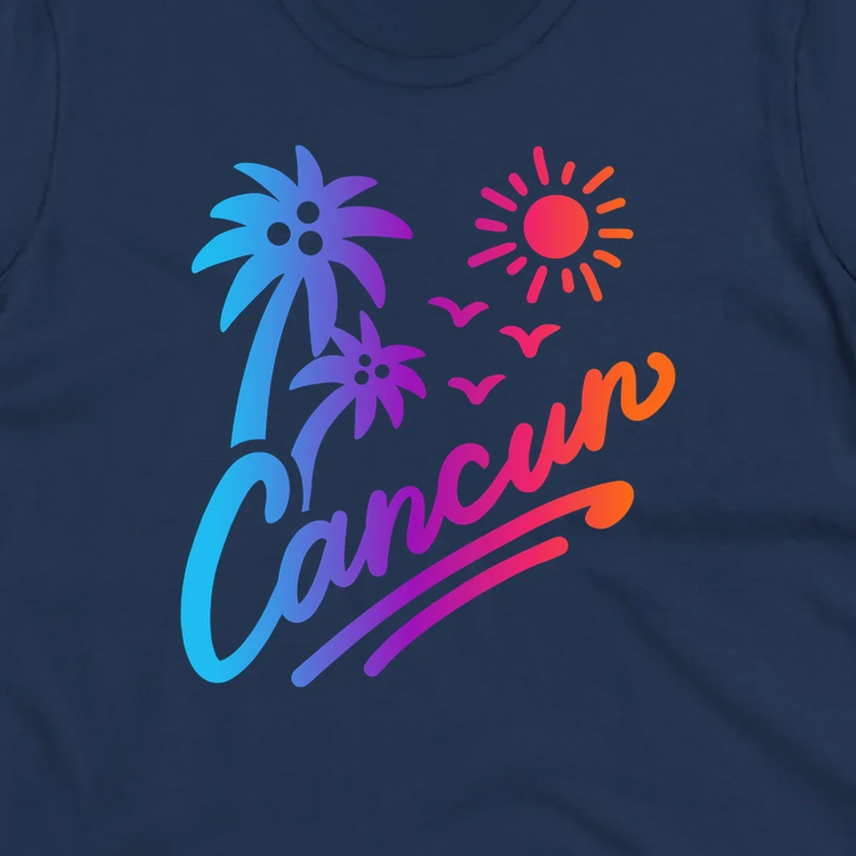 Tropical cruise paradise illustration with gradient palm tree, bright sun, flying birds, and flowing wavy lines in vibrant pink, blue, purple, and orange colors