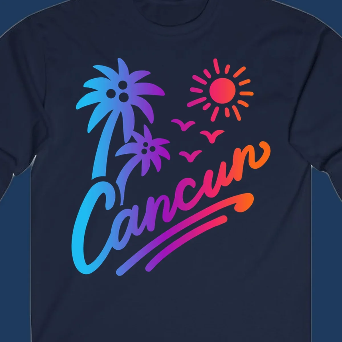 Tropical cruise paradise illustration with gradient palm tree, bright sun, flying birds, and flowing wavy lines in vibrant pink, blue, purple, and orange colors