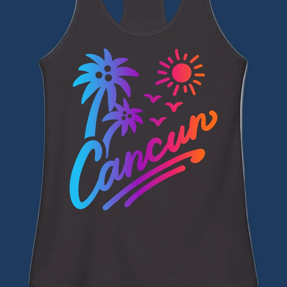 Tropical cruise paradise illustration with gradient palm tree, bright sun, flying birds, and flowing wavy lines in vibrant pink, blue, purple, and orange colors