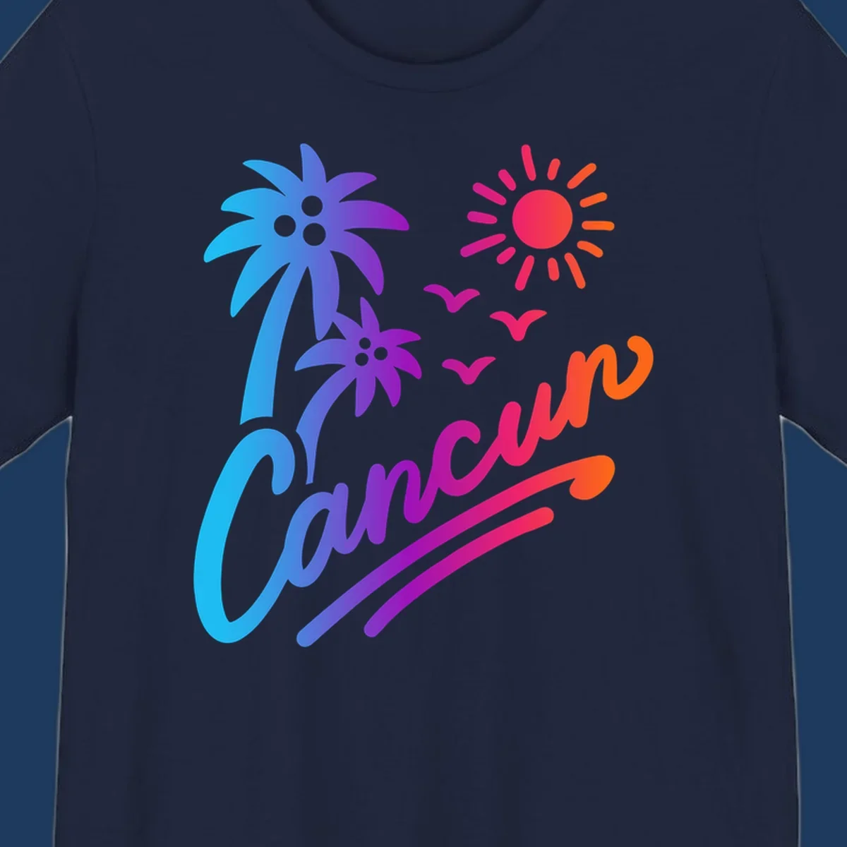Tropical cruise paradise illustration with gradient palm tree, bright sun, flying birds, and flowing wavy lines in vibrant pink, blue, purple, and orange colors