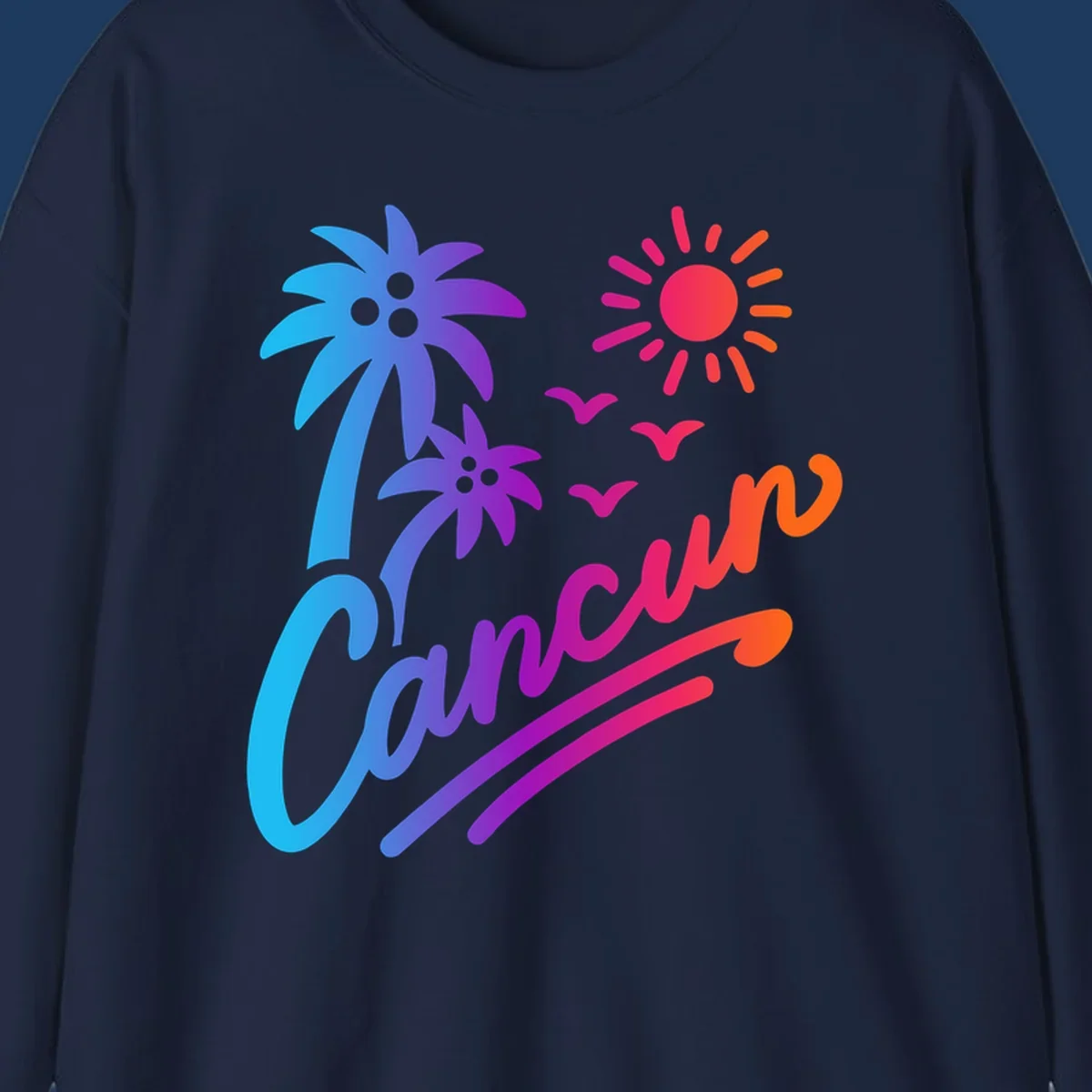 Tropical cruise paradise illustration with gradient palm tree, bright sun, flying birds, and flowing wavy lines in vibrant pink, blue, purple, and orange colors