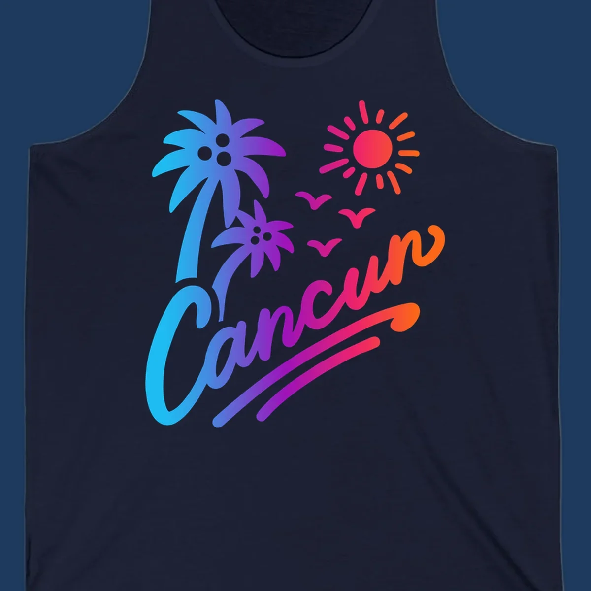 Tropical cruise paradise illustration with gradient palm tree, bright sun, flying birds, and flowing wavy lines in vibrant pink, blue, purple, and orange colors
