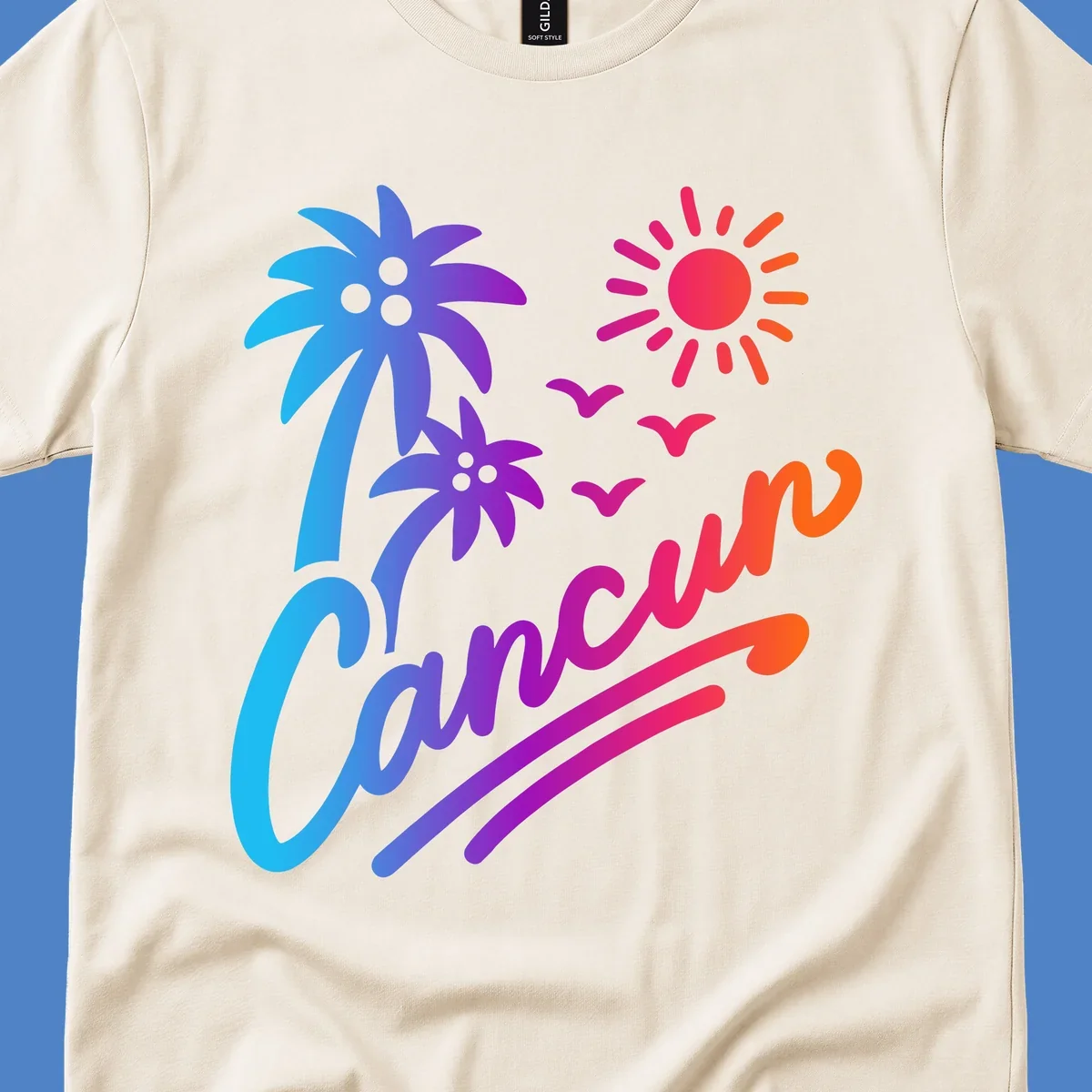 Tropical cruise paradise illustration with gradient palm tree, bright sun, flying birds, and flowing wavy lines in vibrant pink, blue, purple, and orange colors