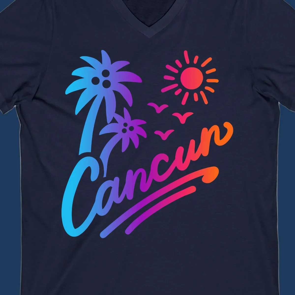 Tropical cruise paradise illustration with gradient palm tree, bright sun, flying birds, and flowing wavy lines in vibrant pink, blue, purple, and orange colors