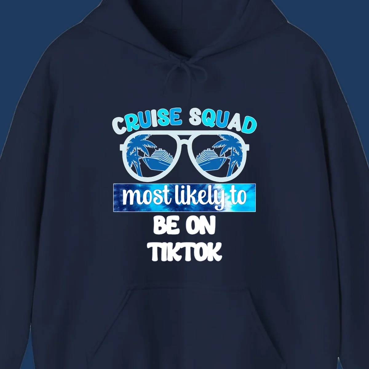 Oversized sunglasses with cruise ships and palm trees reflected in the lenses, text reads Cruise Squad most likely to be on TikTok