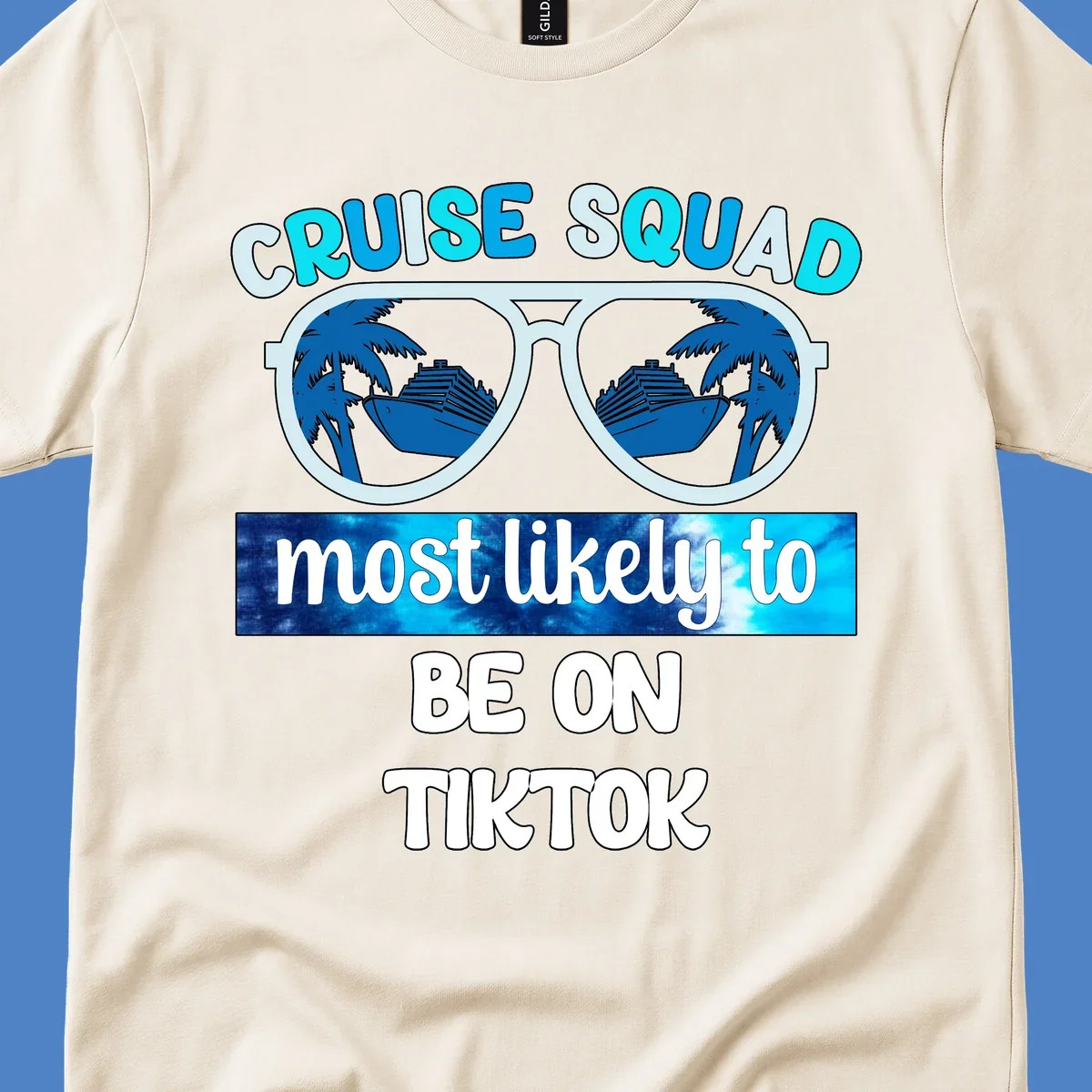 Oversized sunglasses with cruise ships and palm trees reflected in the lenses, text reads Cruise Squad most likely to be on TikTok