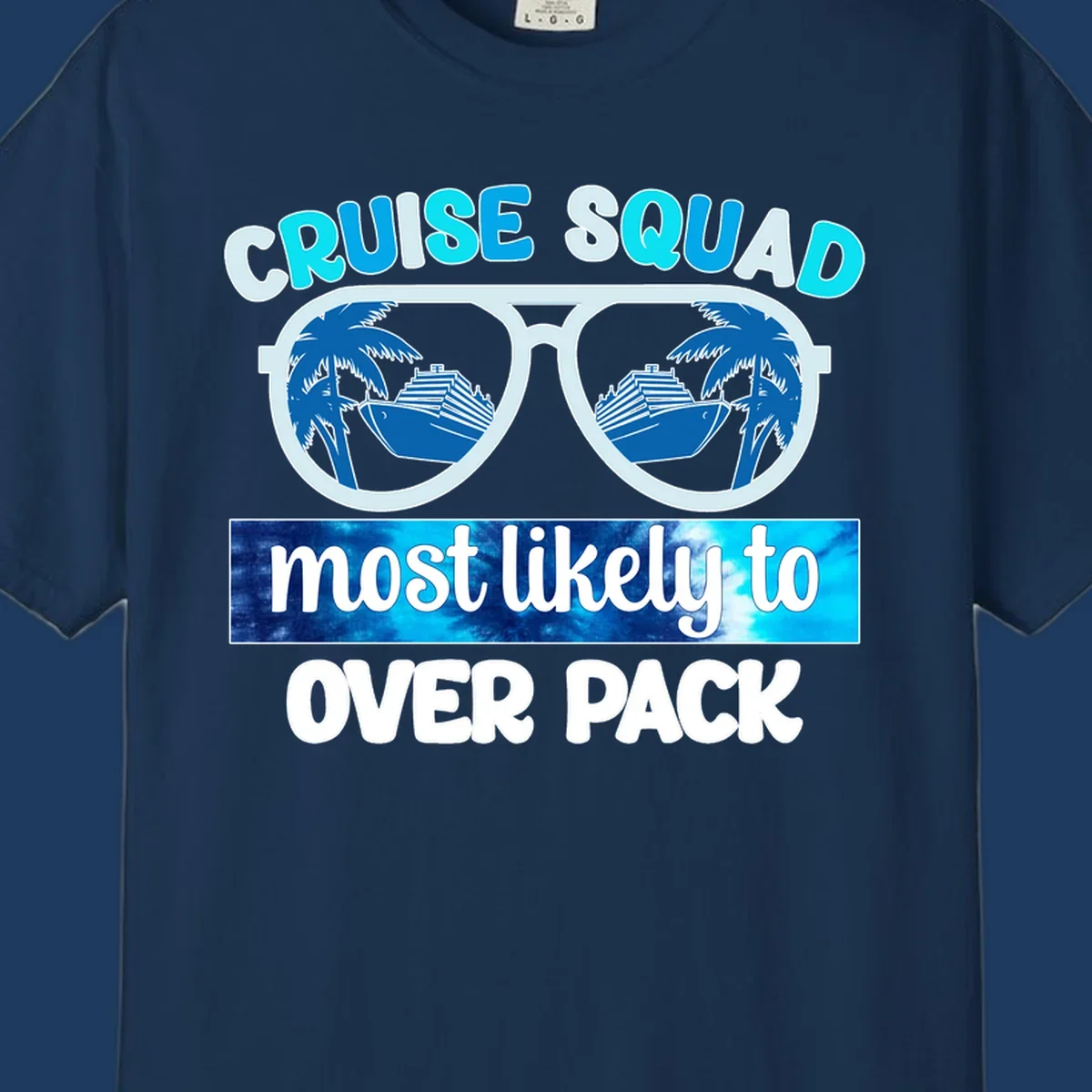 Cruise squad overpack design: sunglasses with palm trees and cruise ships in lenses, tropical vacation humor