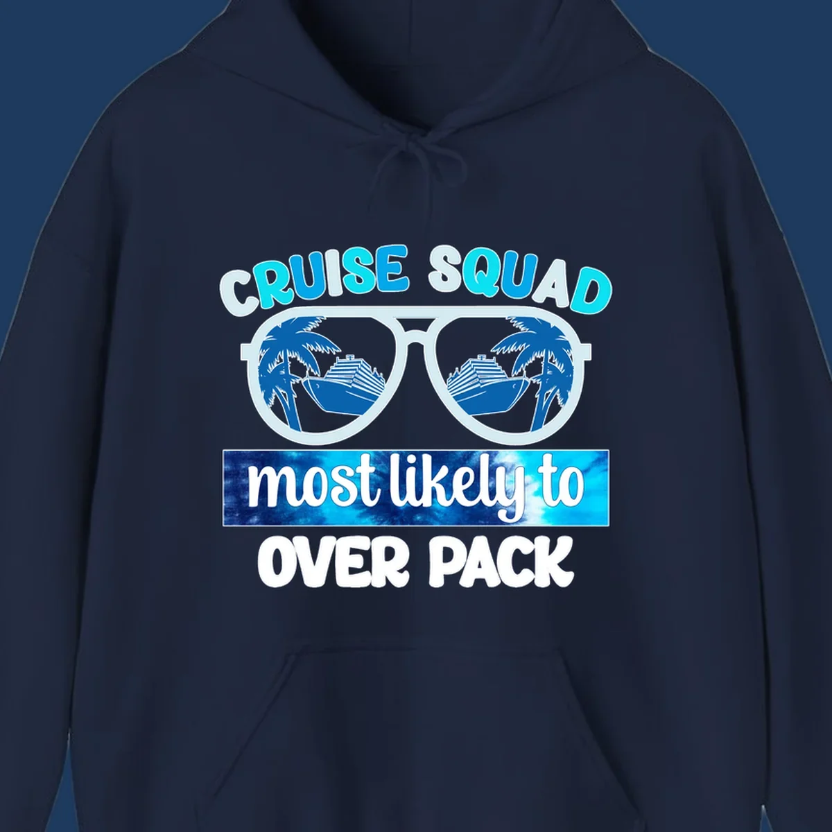 Cruise squad overpack design: sunglasses with palm trees and cruise ships in lenses, tropical vacation humor