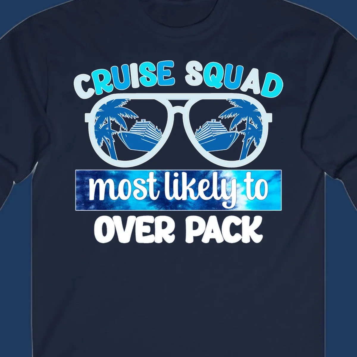 Cruise squad overpack design: sunglasses with palm trees and cruise ships in lenses, tropical vacation humor