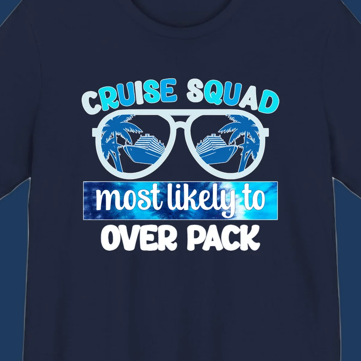 Cruise squad overpack design: sunglasses with palm trees and cruise ships in lenses, tropical vacation humor