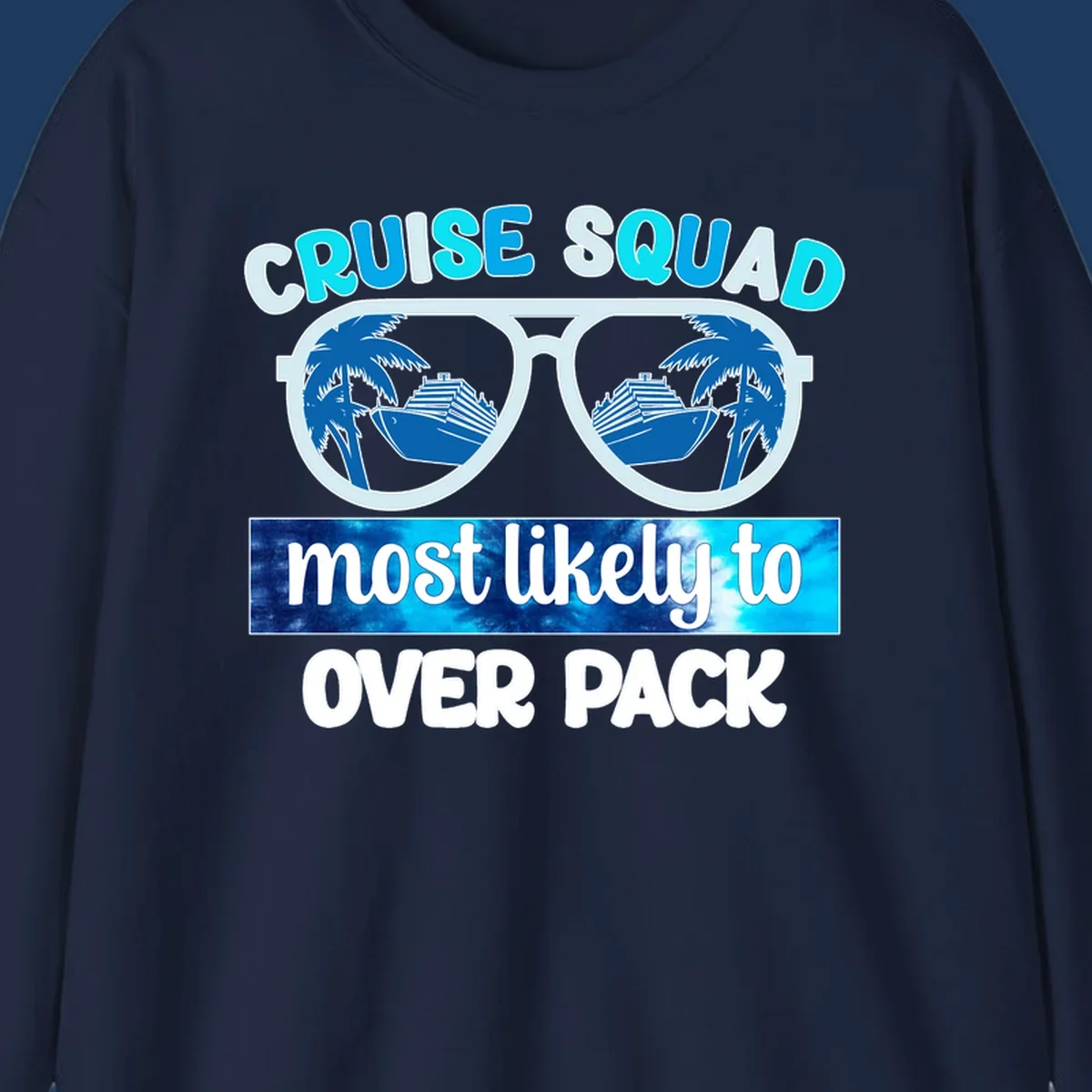 Cruise squad overpack design: sunglasses with palm trees and cruise ships in lenses, tropical vacation humor