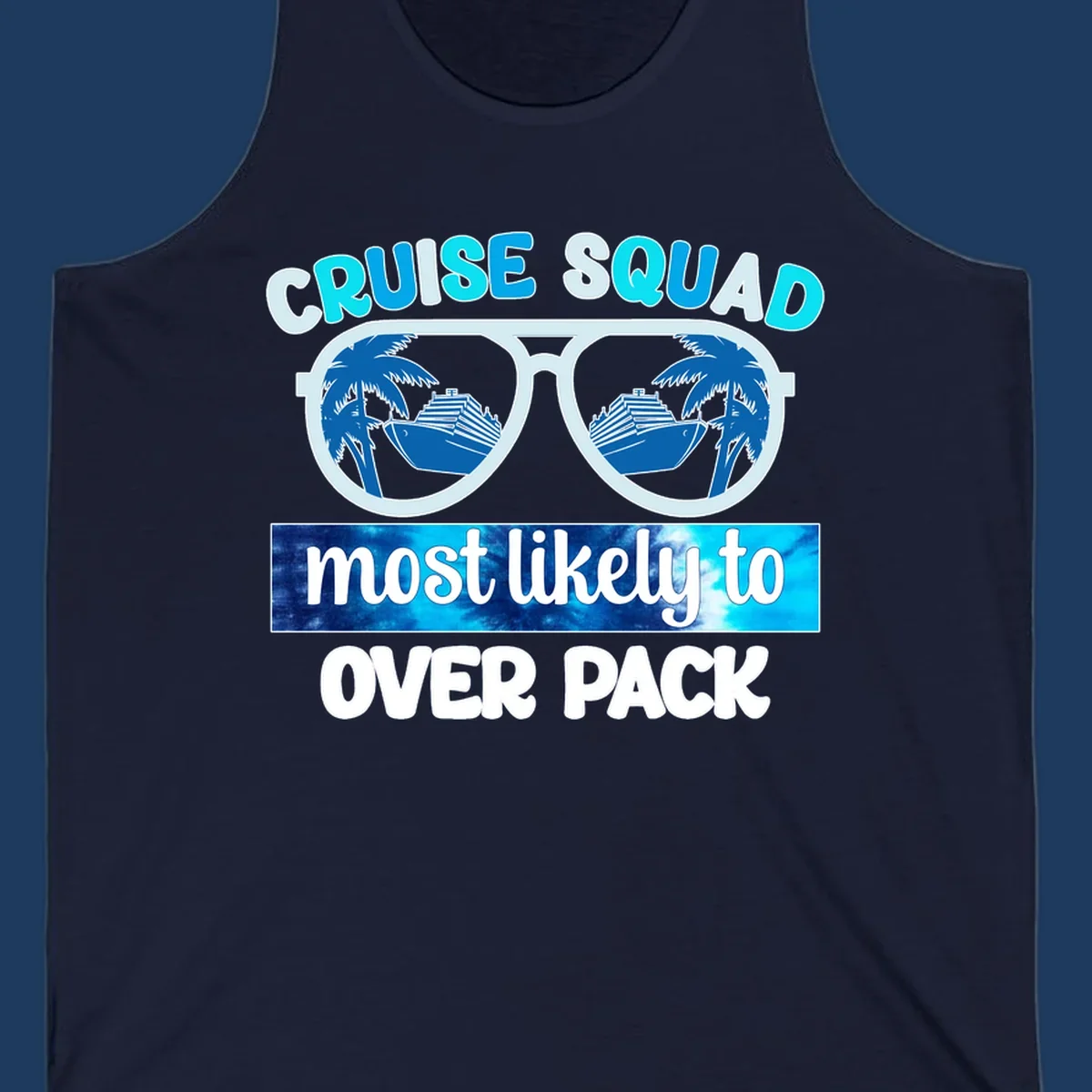 Cruise squad overpack design: sunglasses with palm trees and cruise ships in lenses, tropical vacation humor