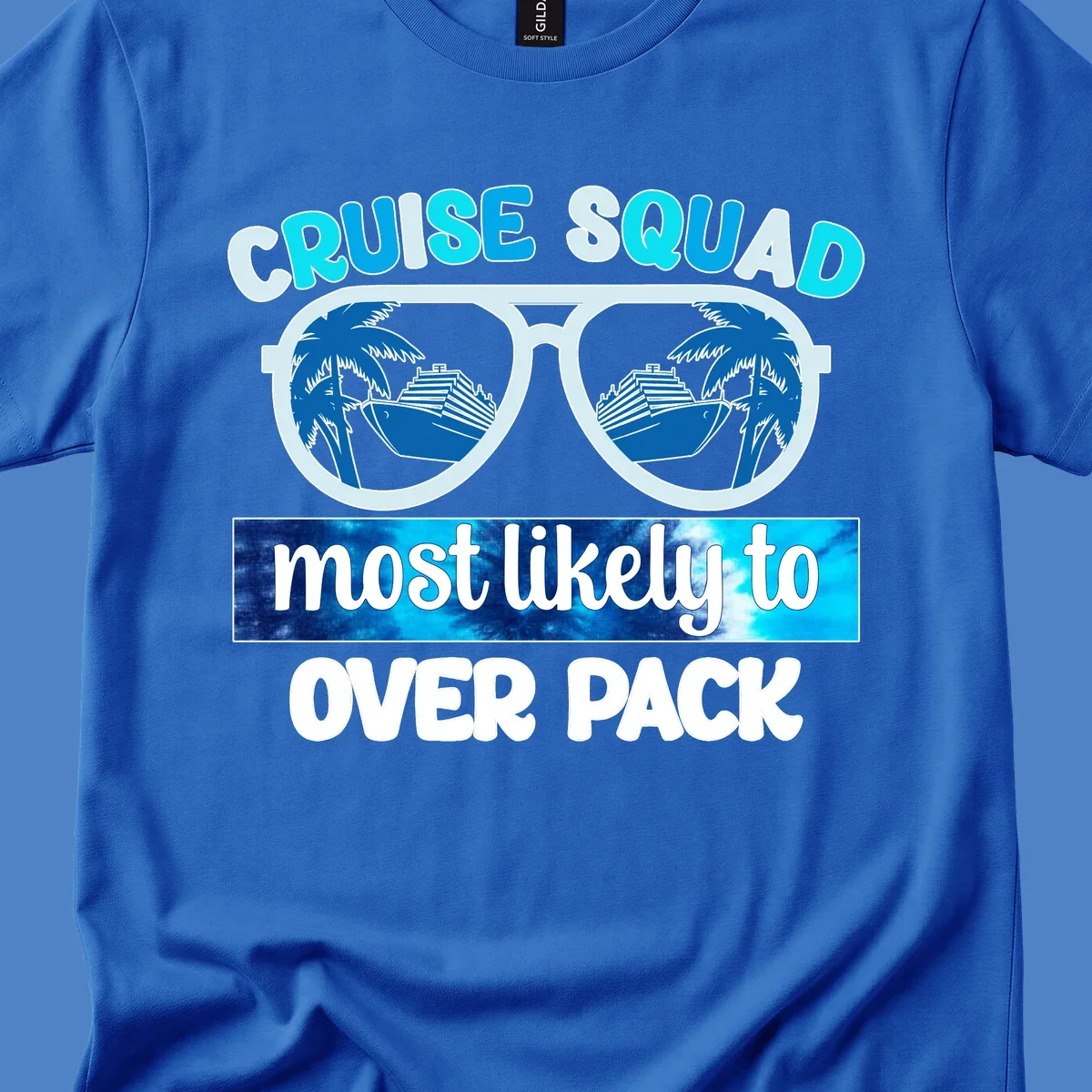 Cruise squad overpack design: sunglasses with palm trees and cruise ships in lenses, tropical vacation humor