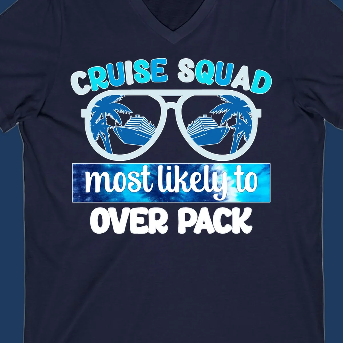 Cruise squad overpack design: sunglasses with palm trees and cruise ships in lenses, tropical vacation humor