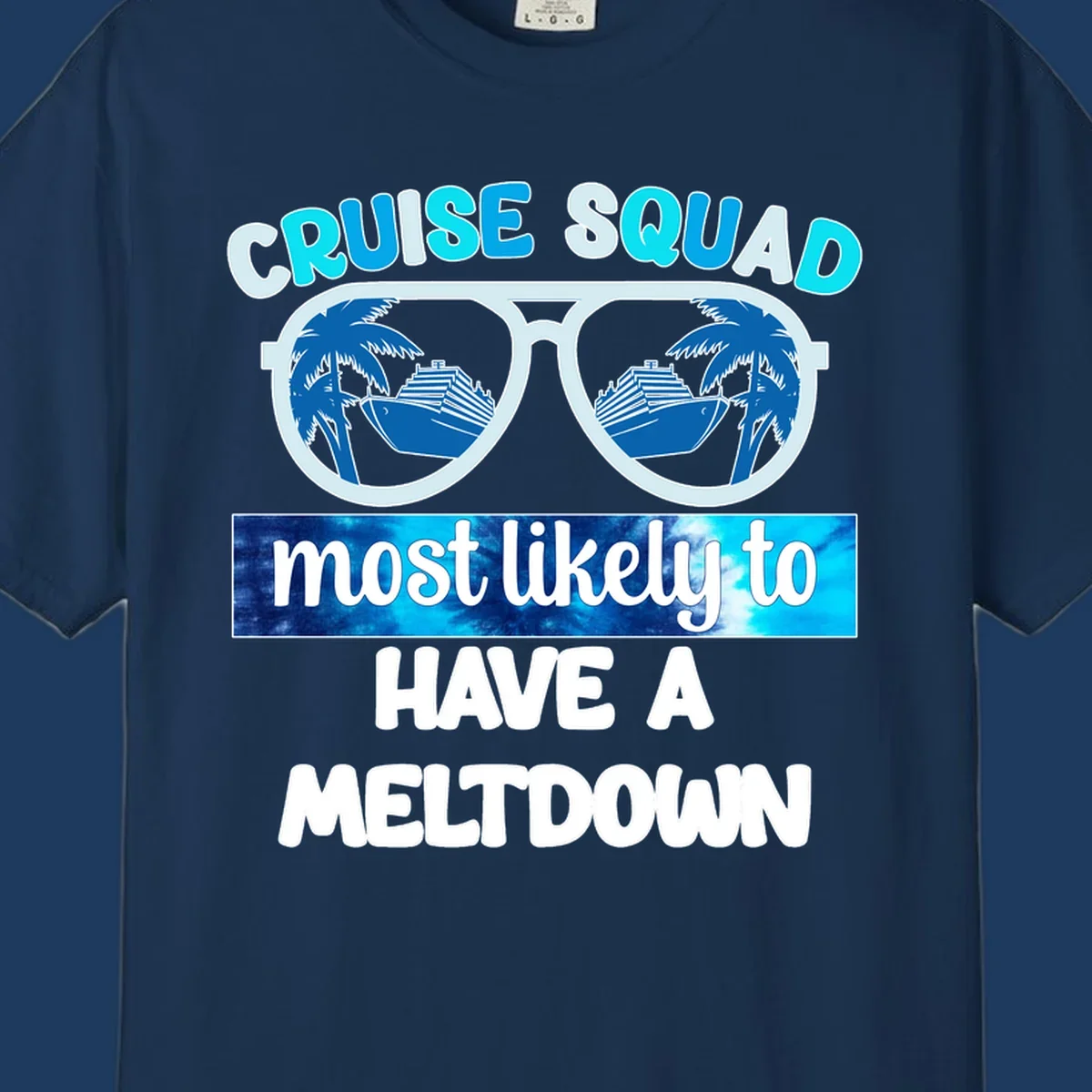 Cruise squad meltdown design with oversized sunglasses reflecting cruise ships and palm trees