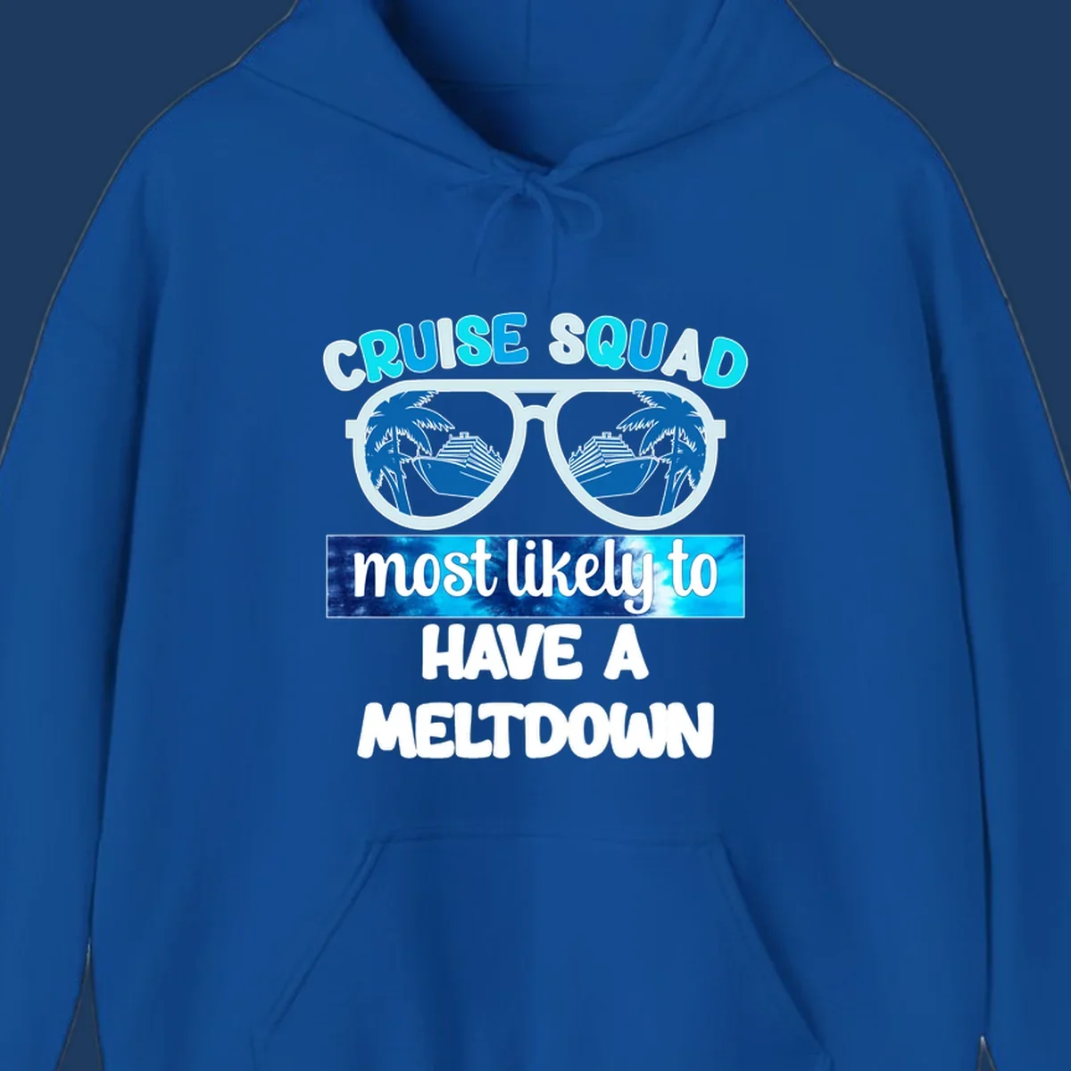 Cruise squad meltdown design with oversized sunglasses reflecting cruise ships and palm trees