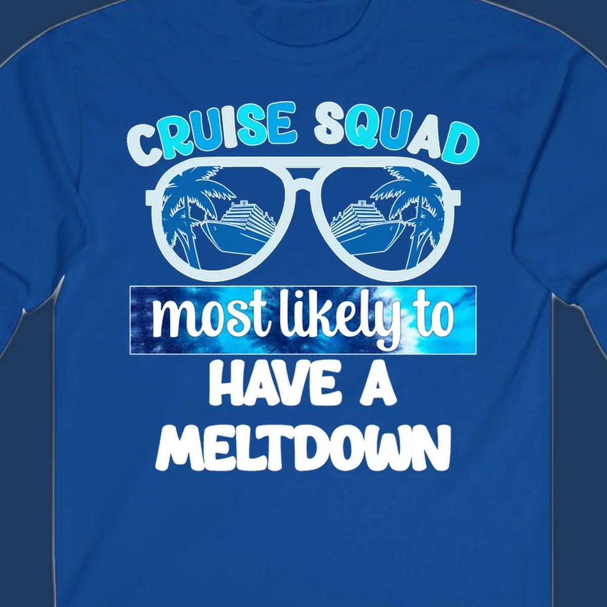 Cruise squad meltdown design with oversized sunglasses reflecting cruise ships and palm trees
