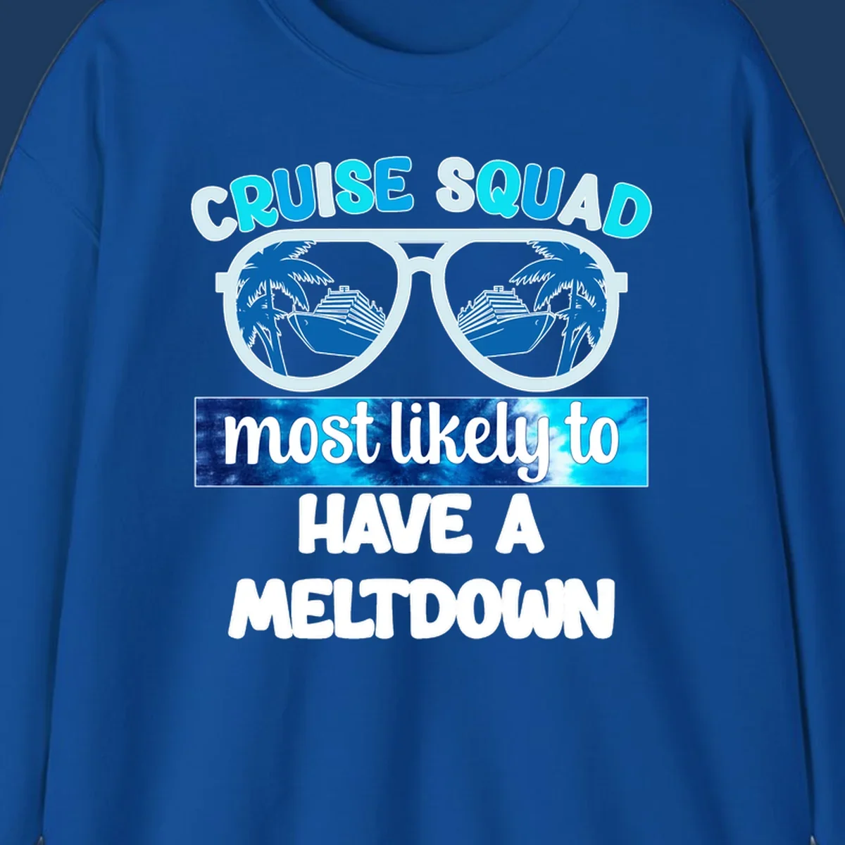 Cruise squad meltdown design with oversized sunglasses reflecting cruise ships and palm trees