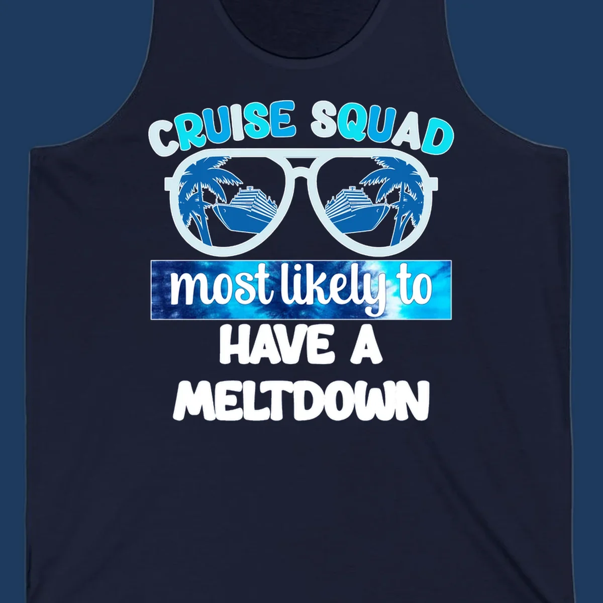 Cruise squad meltdown design with oversized sunglasses reflecting cruise ships and palm trees