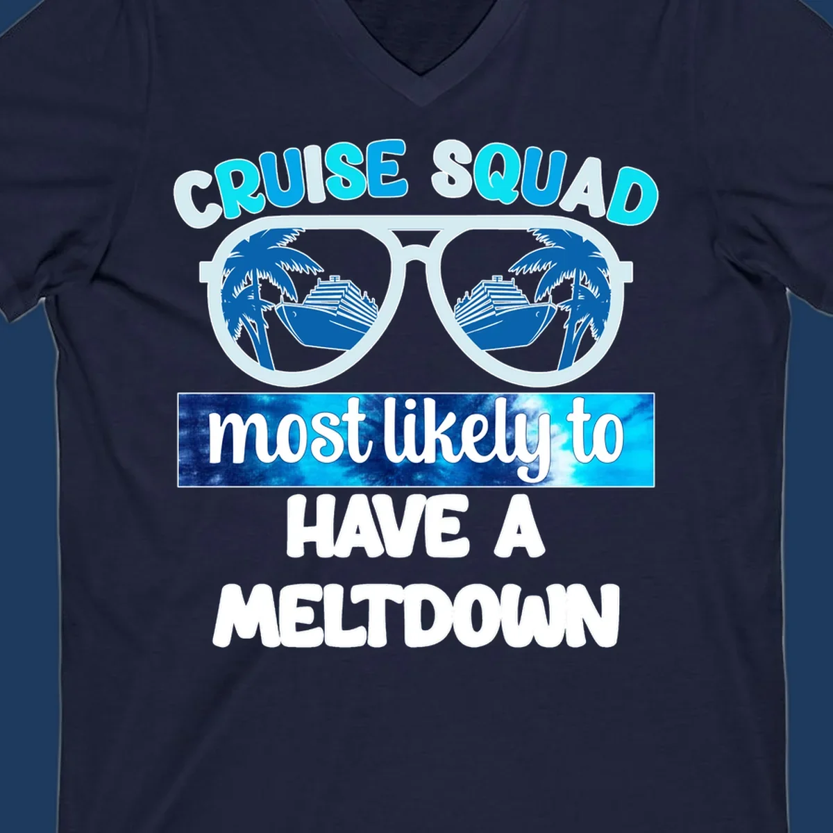 Cruise squad meltdown design with oversized sunglasses reflecting cruise ships and palm trees