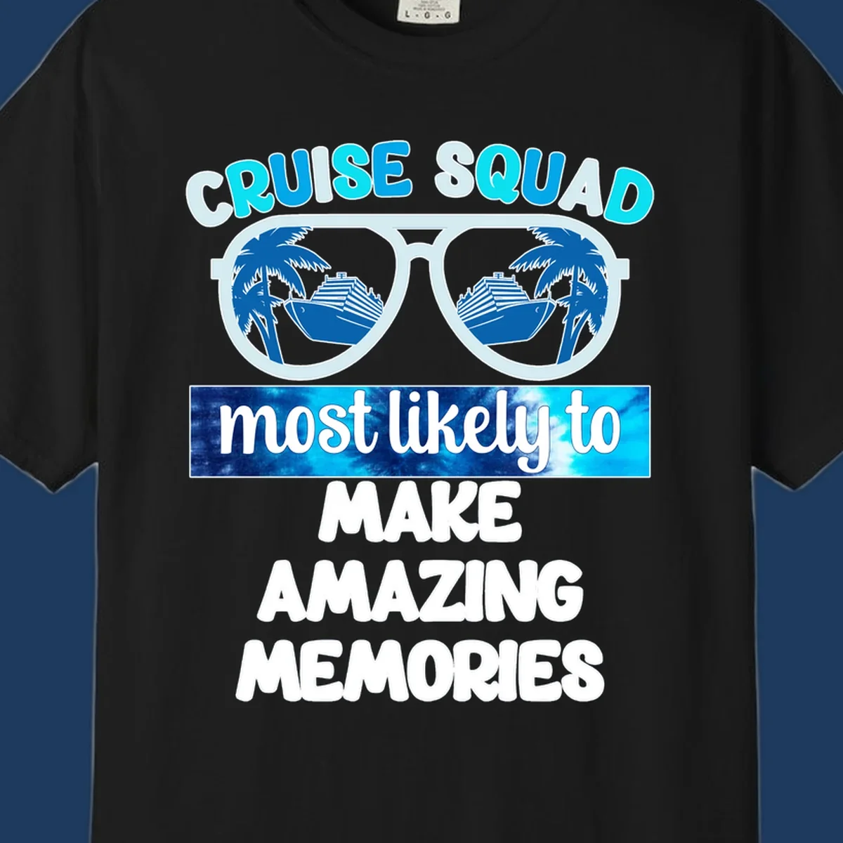 Oversized sunglasses with palm trees and cruise ships reflected in lenses, text reads 'Cruise Squad most likely to make amazing memories'