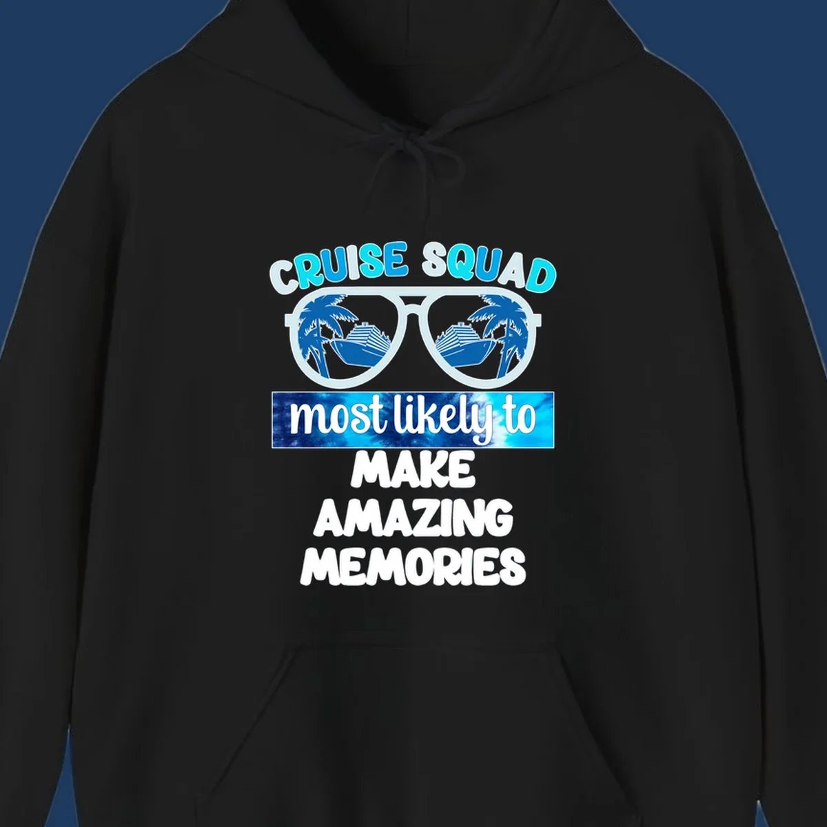 Oversized sunglasses with palm trees and cruise ships reflected in lenses, text reads 'Cruise Squad most likely to make amazing memories'