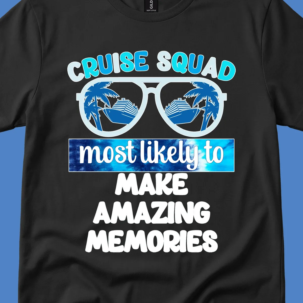 Oversized sunglasses with palm trees and cruise ships reflected in lenses, text reads 'Cruise Squad most likely to make amazing memories'