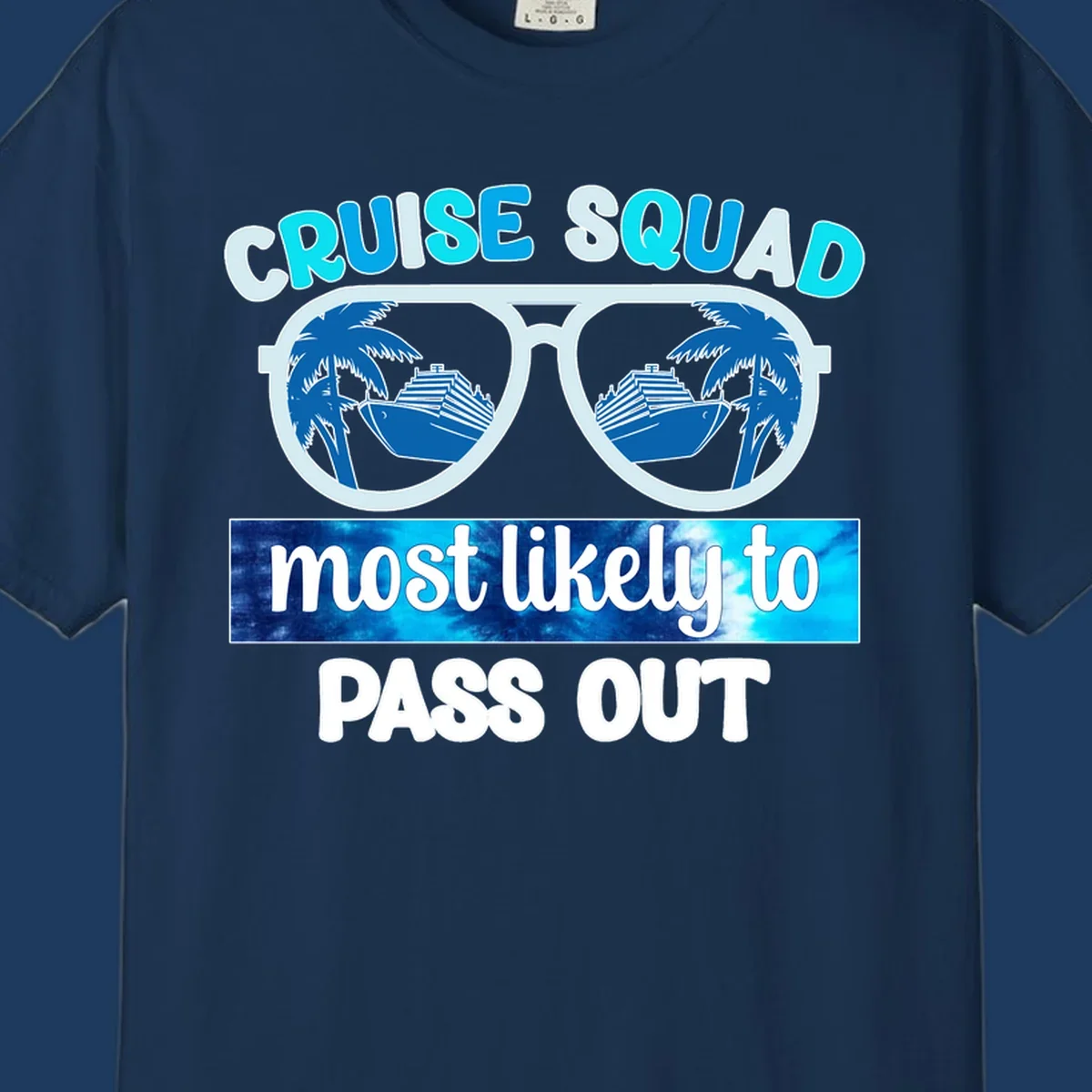 Cruise squad pass out design with oversized sunglasses showing palm trees and cruise ship reflections