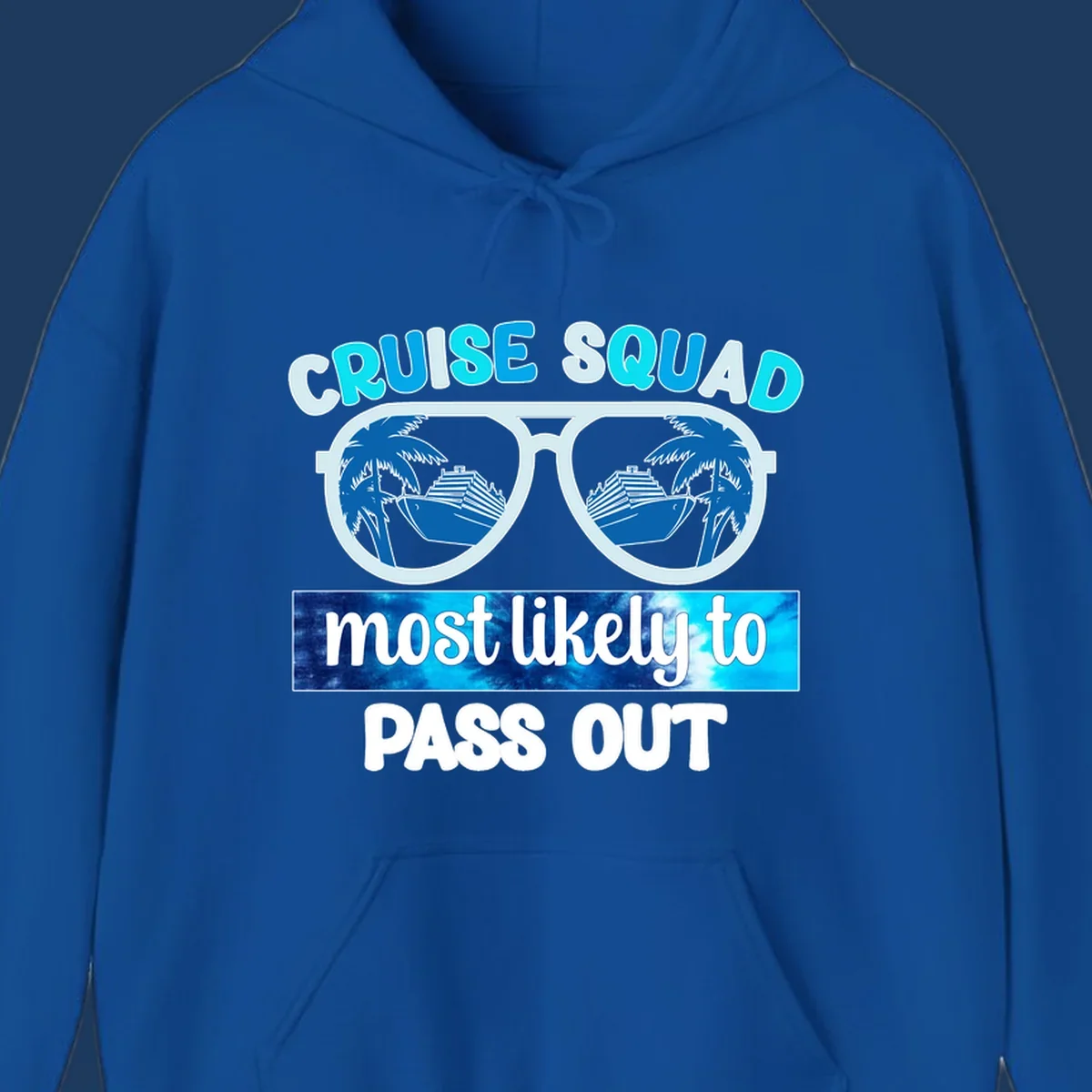 Cruise squad pass out design with oversized sunglasses showing palm trees and cruise ship reflections