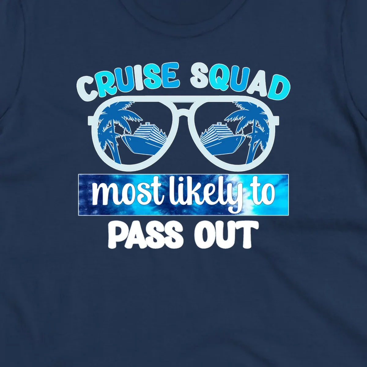 Cruise squad pass out design with oversized sunglasses showing palm trees and cruise ship reflections