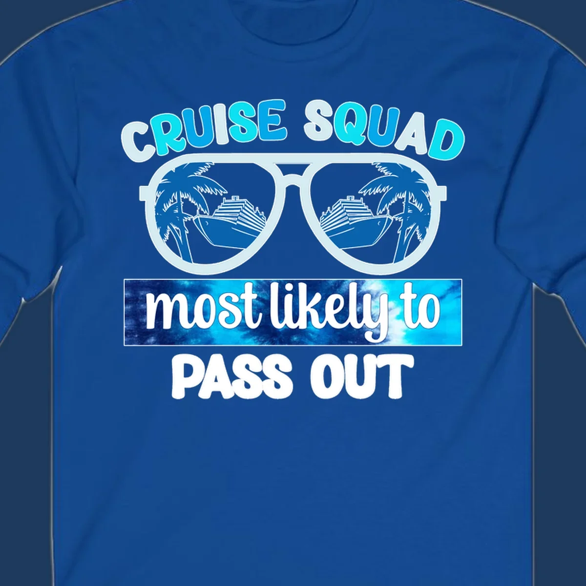Cruise squad pass out design with oversized sunglasses showing palm trees and cruise ship reflections