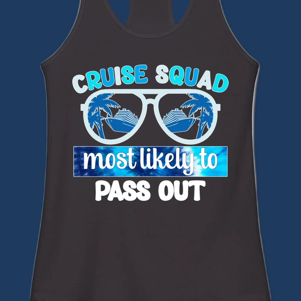 Cruise squad pass out design with oversized sunglasses showing palm trees and cruise ship reflections