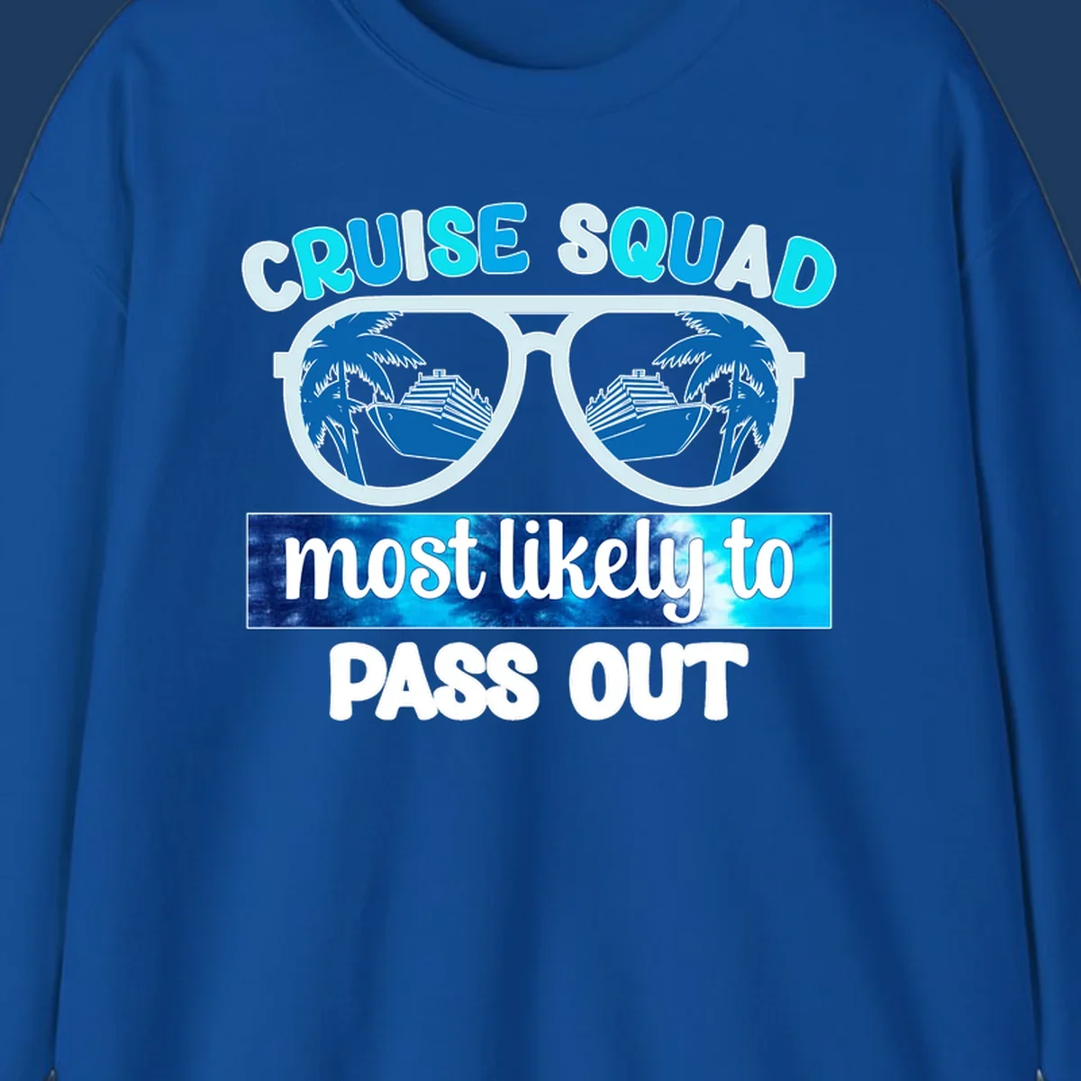 Cruise squad pass out design with oversized sunglasses showing palm trees and cruise ship reflections