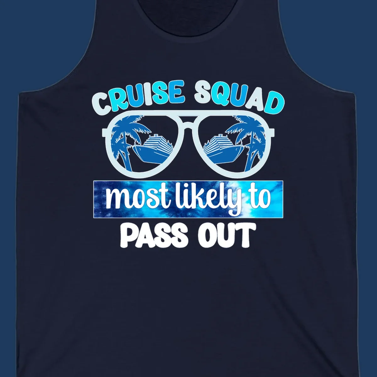 Cruise squad pass out design with oversized sunglasses showing palm trees and cruise ship reflections
