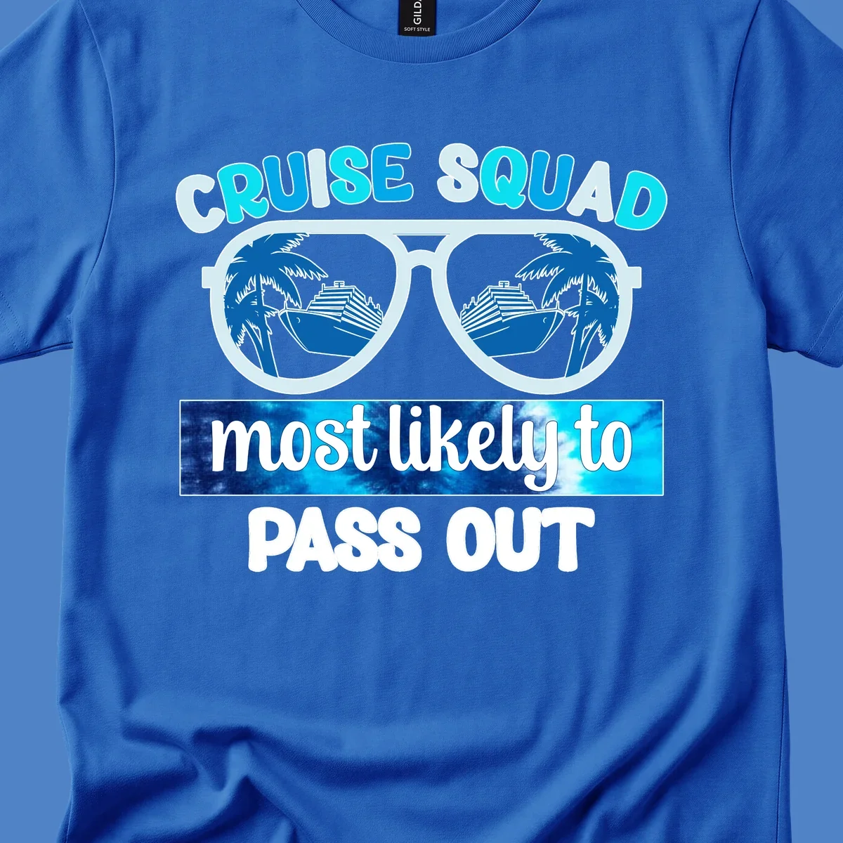 Cruise squad pass out design with oversized sunglasses showing palm trees and cruise ship reflections
