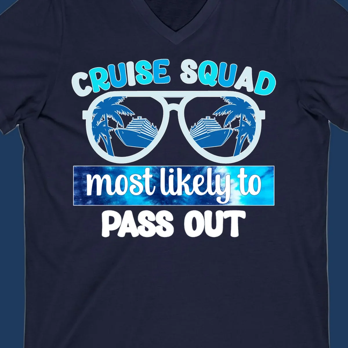 Cruise squad pass out design with oversized sunglasses showing palm trees and cruise ship reflections