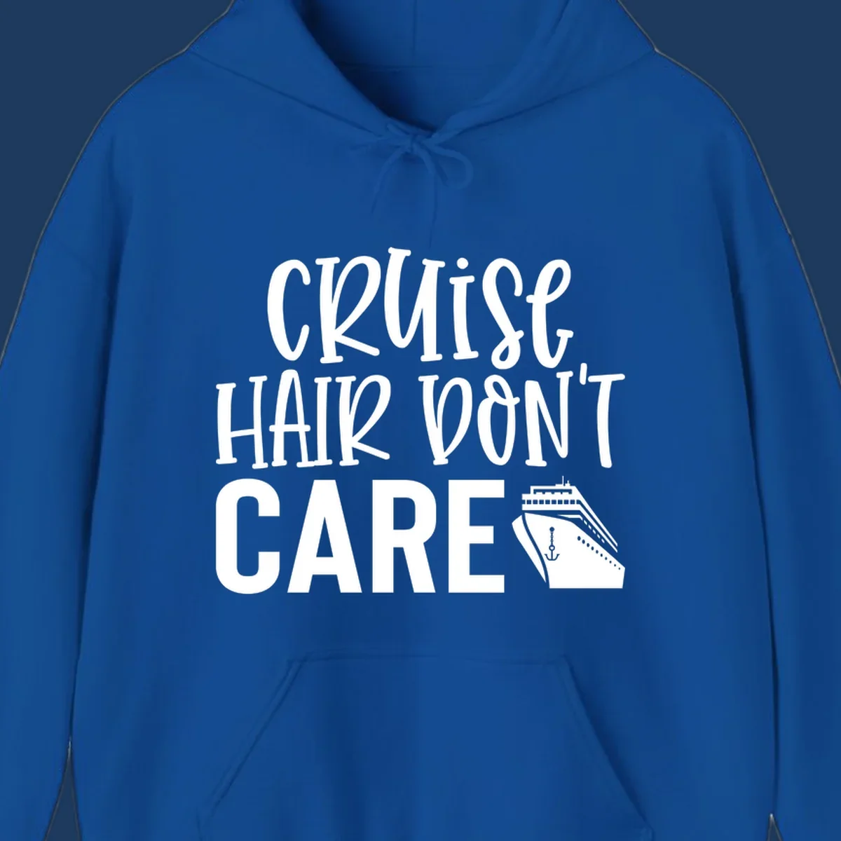 White text reading 'Cruise Hair Don't Care' with cruise ship and anchor illustration on gray background