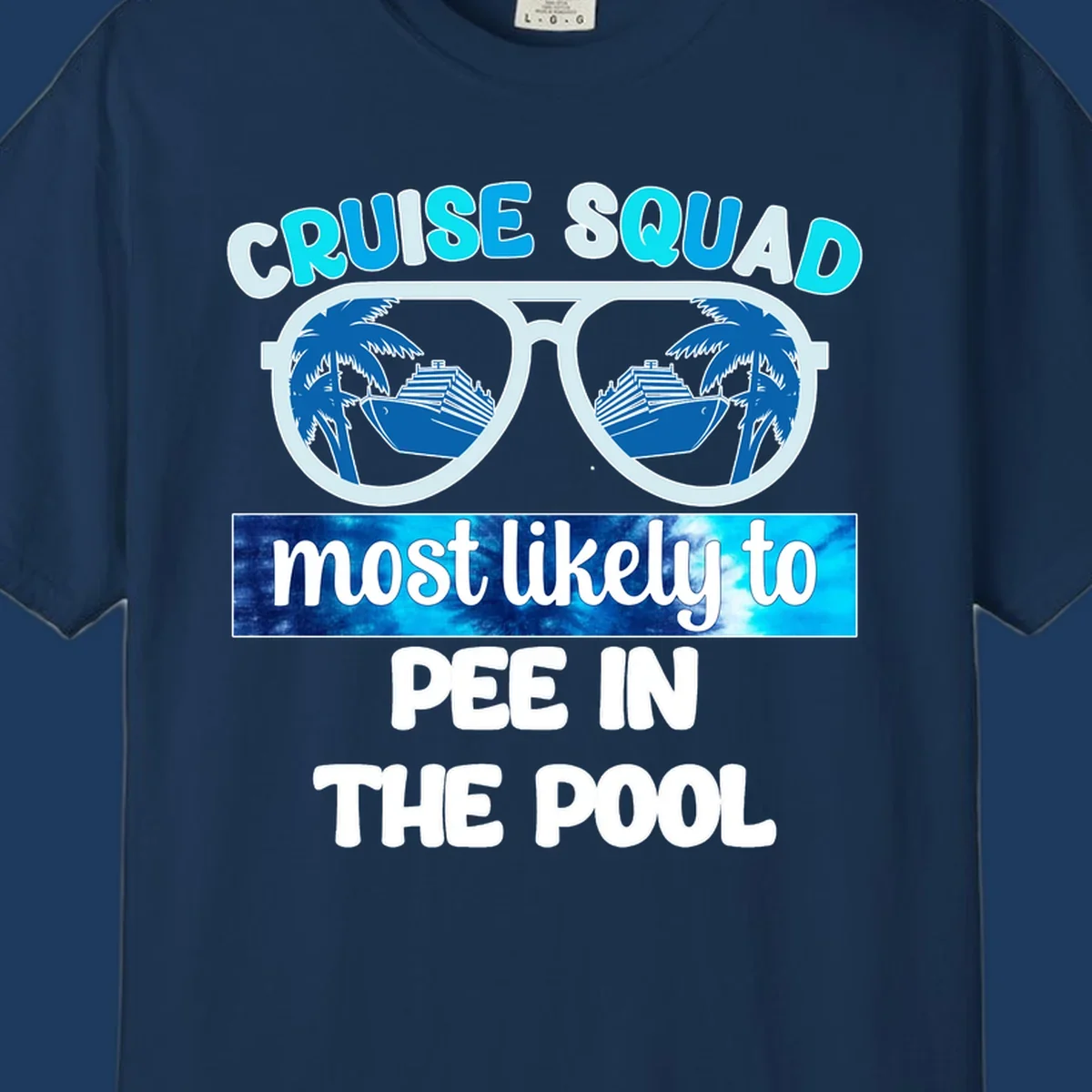 Cruise squad pool humor design with sunglasses showing palm trees and cruise ship reflections
