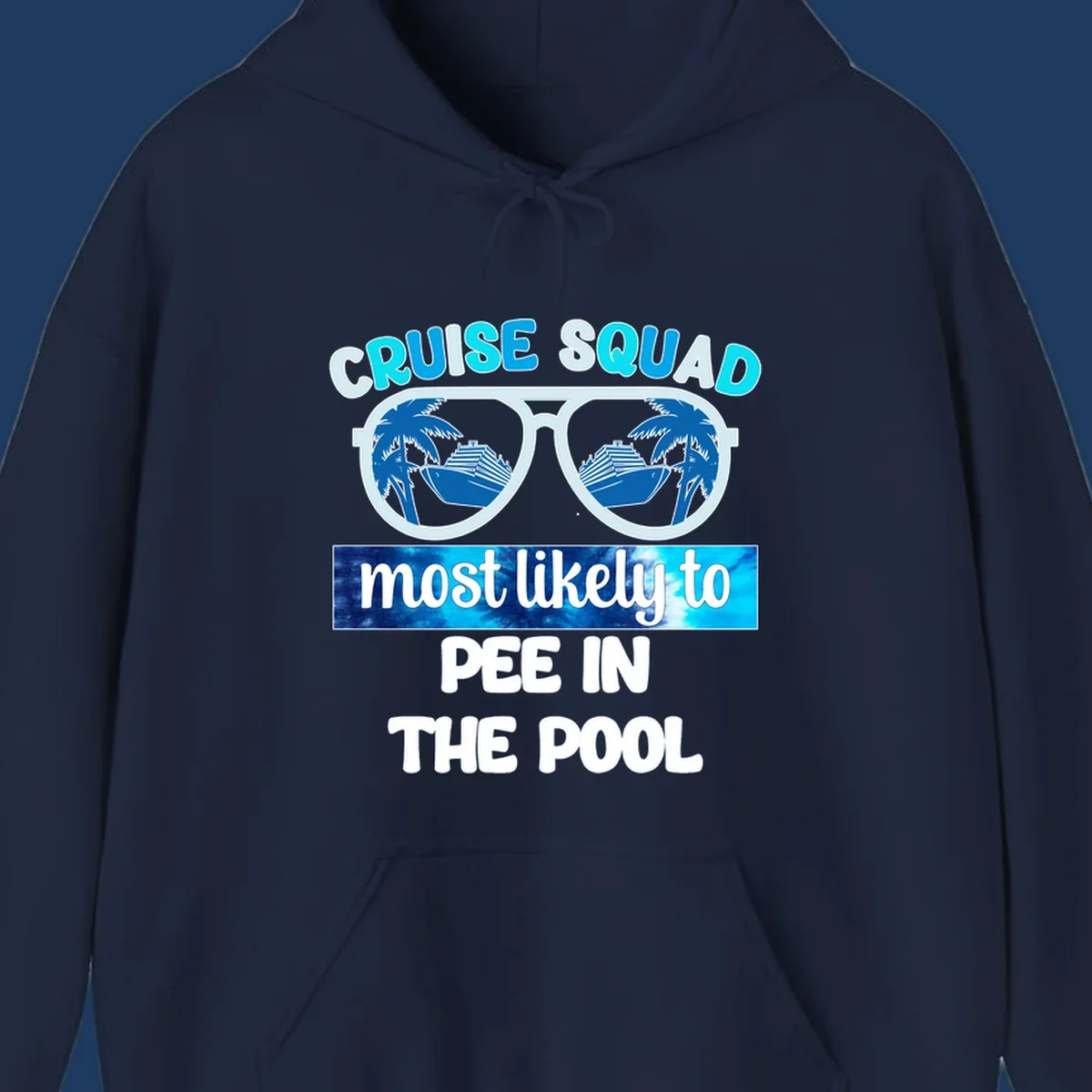 Cruise squad pool humor design with sunglasses showing palm trees and cruise ship reflections