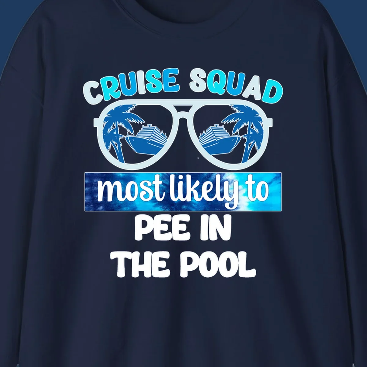 Cruise squad pool humor design with sunglasses showing palm trees and cruise ship reflections