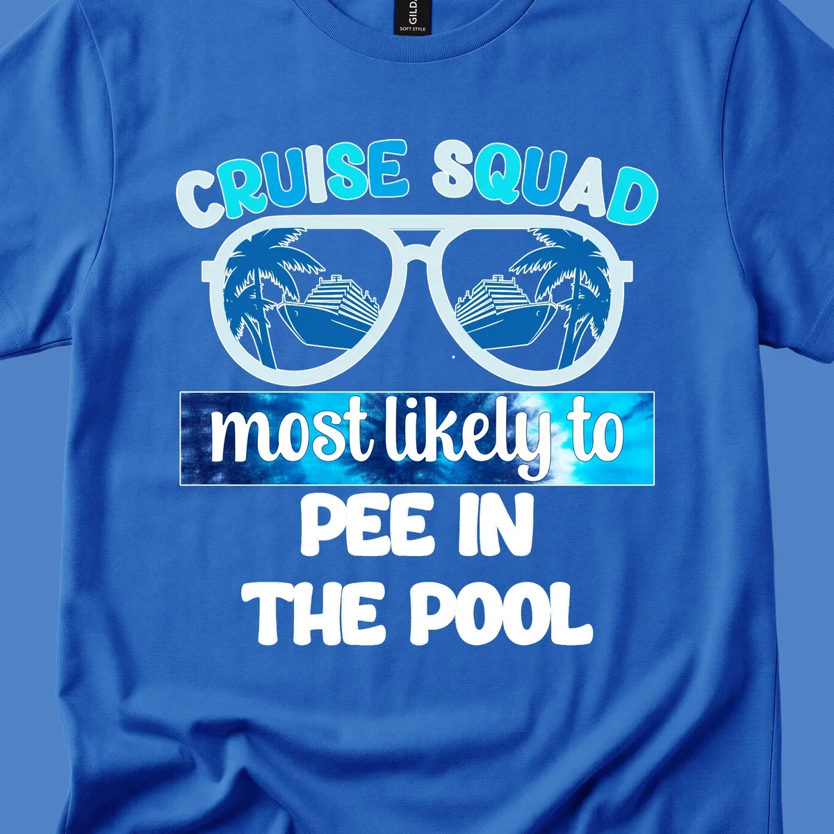 Cruise squad pool humor design with sunglasses showing palm trees and cruise ship reflections
